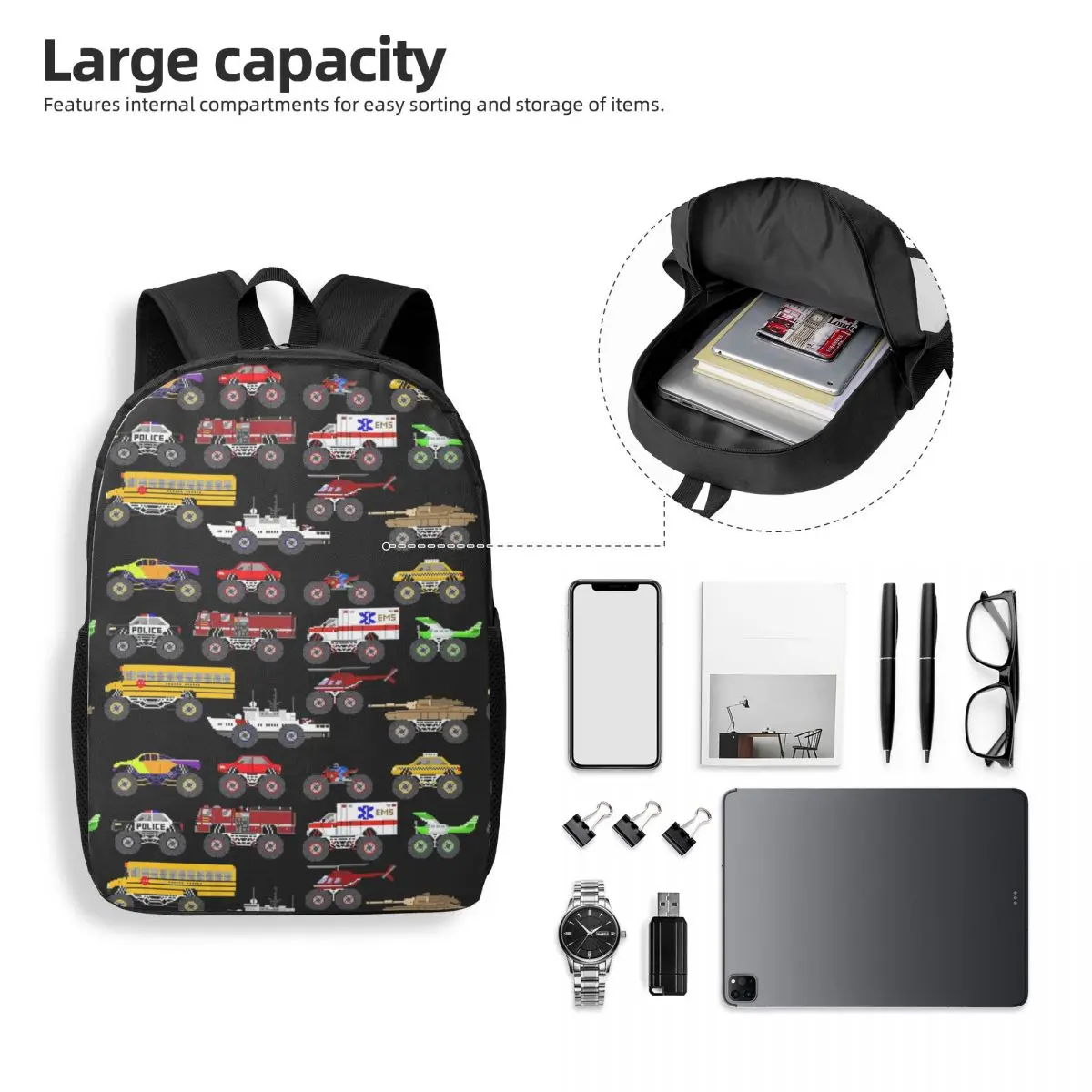 Monster Vehicles The Kids'Picture Show Woman Backpacks Boys Girls Bookbag Children School Bags Portability Rucksack Shoulder Bag