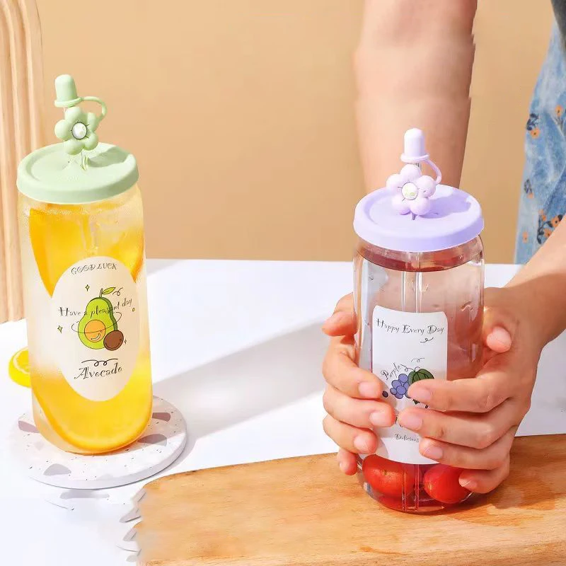 YWDL 500ml Glass Cup With Lid and Straw Fruit Pattern Coffee Mug Home Tea Milk Fruit Juice Cups Drinkware For Christmas Gift