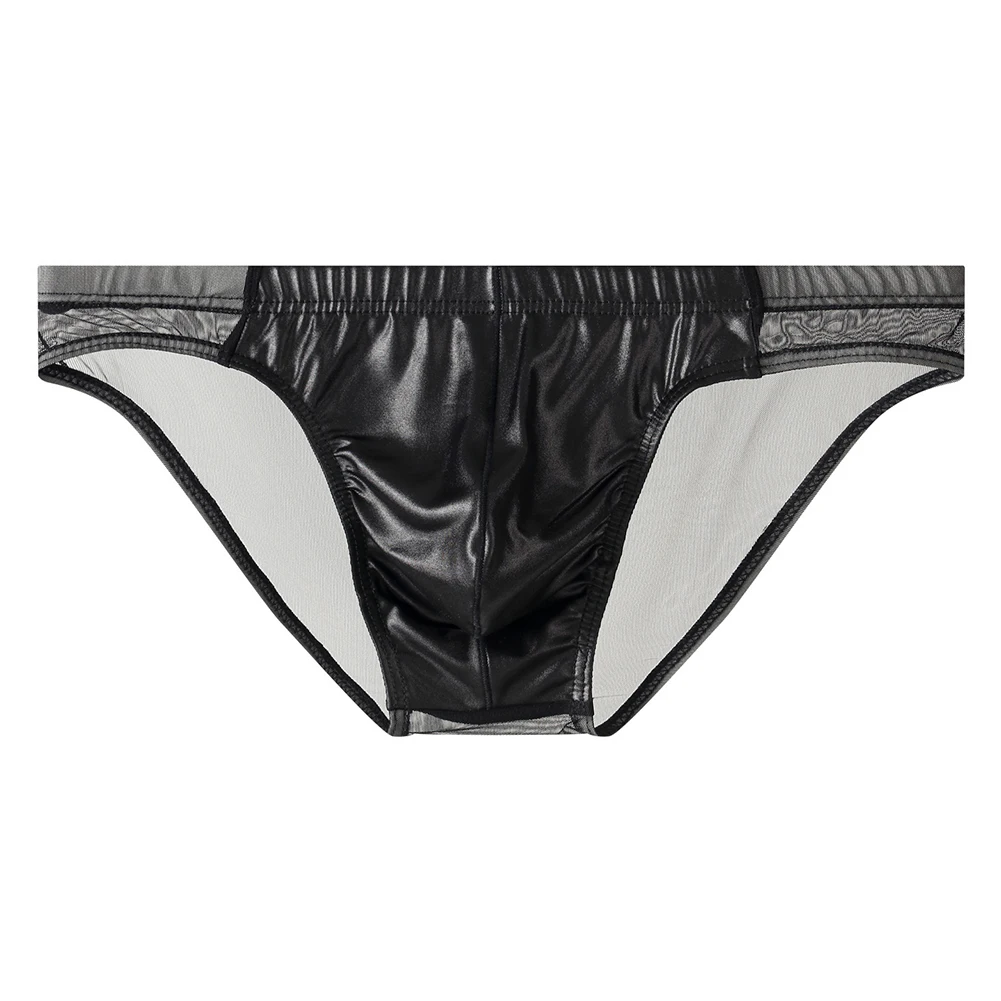 Men Imitation Leather Mesh Splicing Briefs Underwear Sheer Low Waist Underpants Youth Skinny Breathable Bottoms