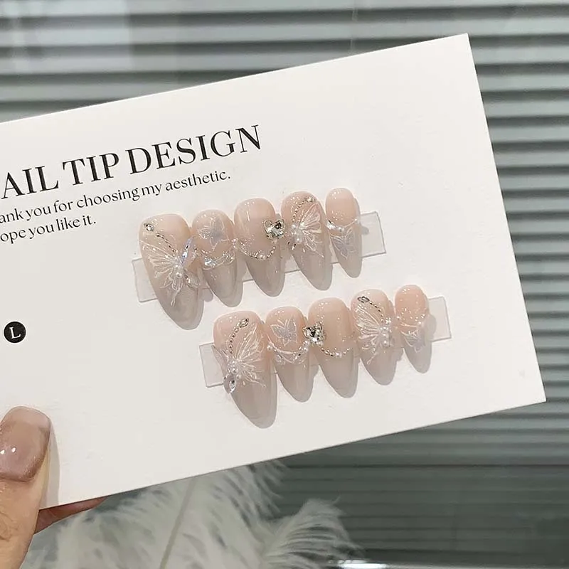 

10pcs Handmade Press On Nails Medium/Long oval Gentle nude pink With Diamonds Daily Reusable French Acrylic Fake Nails for Women