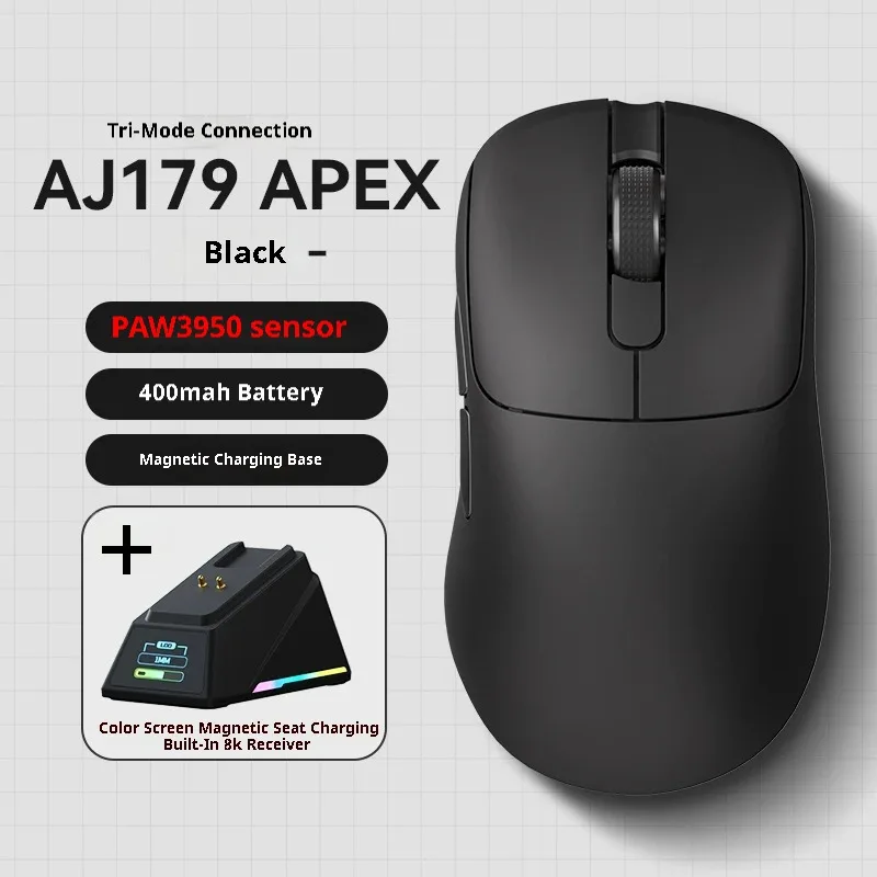 Mouse para jogos Aj179apex PAW3395 sem fio Bluetooth três modos leve com base de carregamento