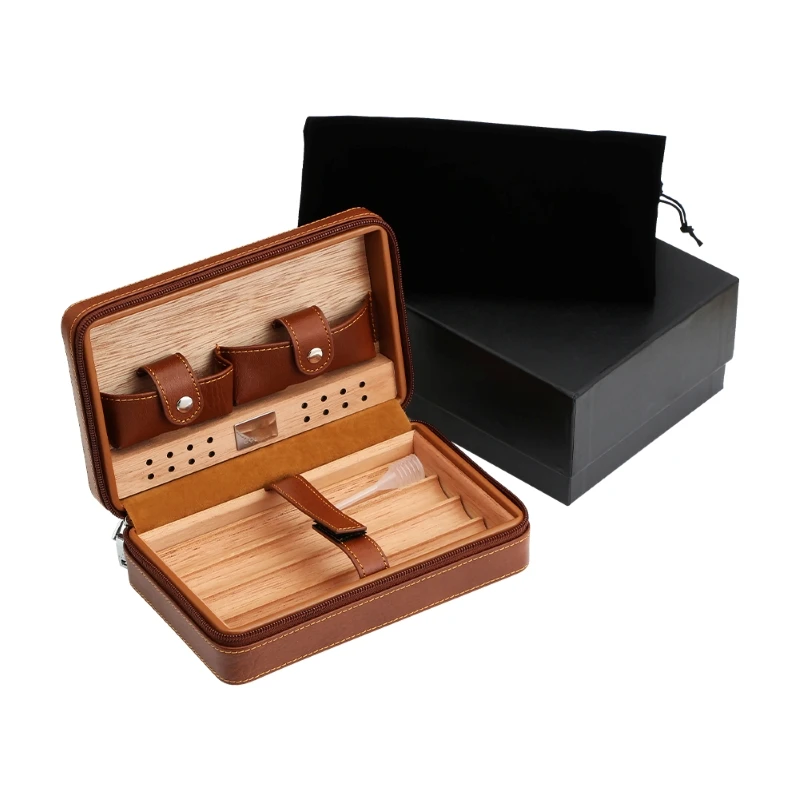 

4 Cigar Portable Travel Humidor Case Cedar Wood Lined Leather Bag Handmade Compact Storage for Smokers Moisturizing Protection