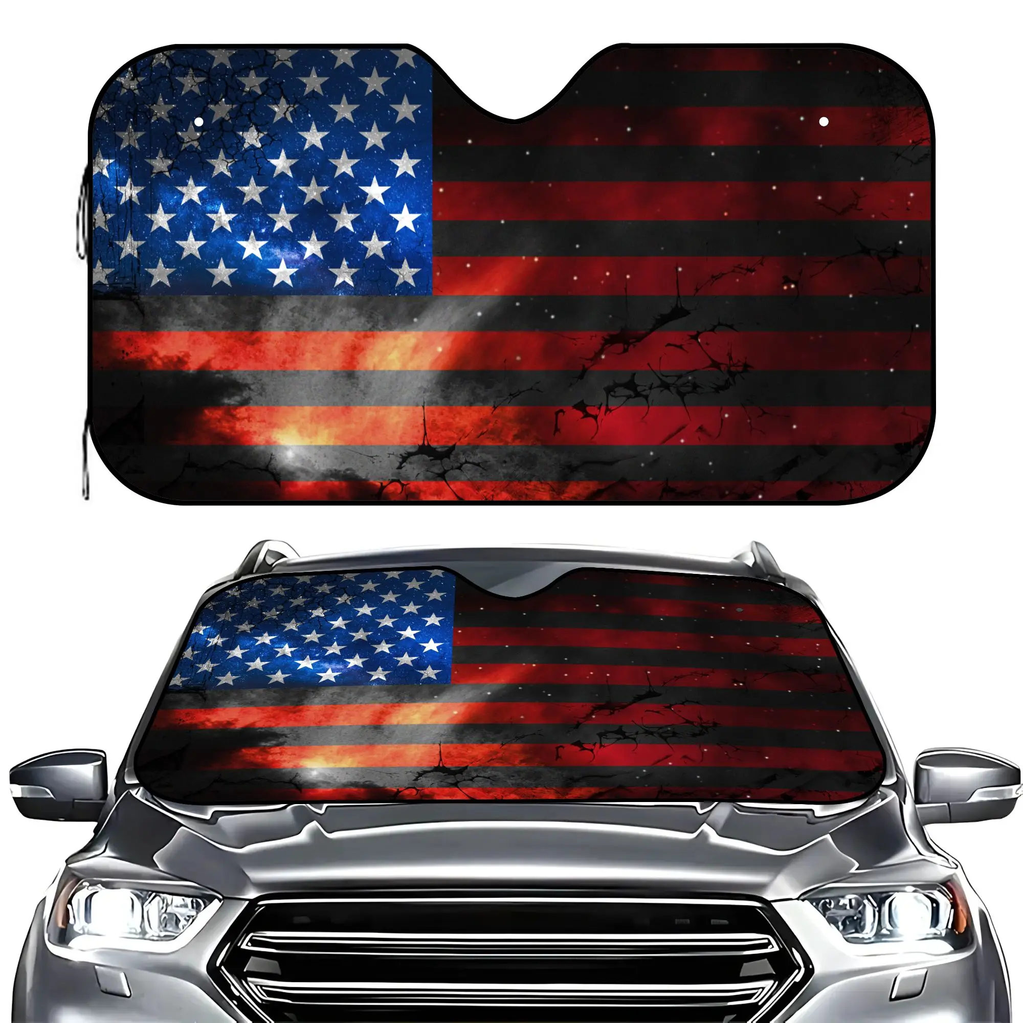 US Flag Windshield Sun Shade, Foldable Car Sunshade for UV Protection and Interior Cooling, Durable Aluminum Foil Shield