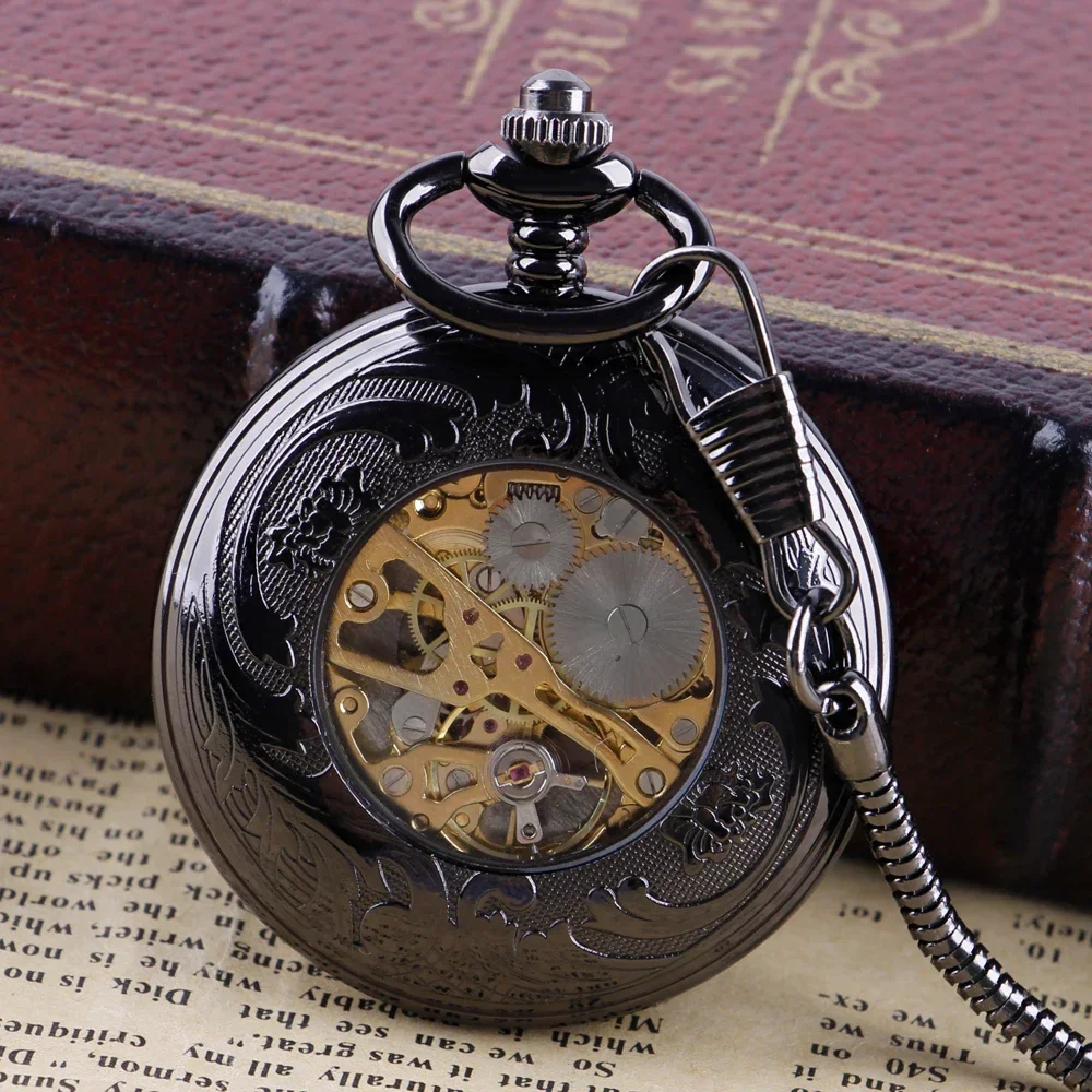 Black Skeleton Boat Rudder Mechanical Pocket Watch Half Hunter Pendant Antique Manual Hand Winding Pocket Clock Vintage Gifts