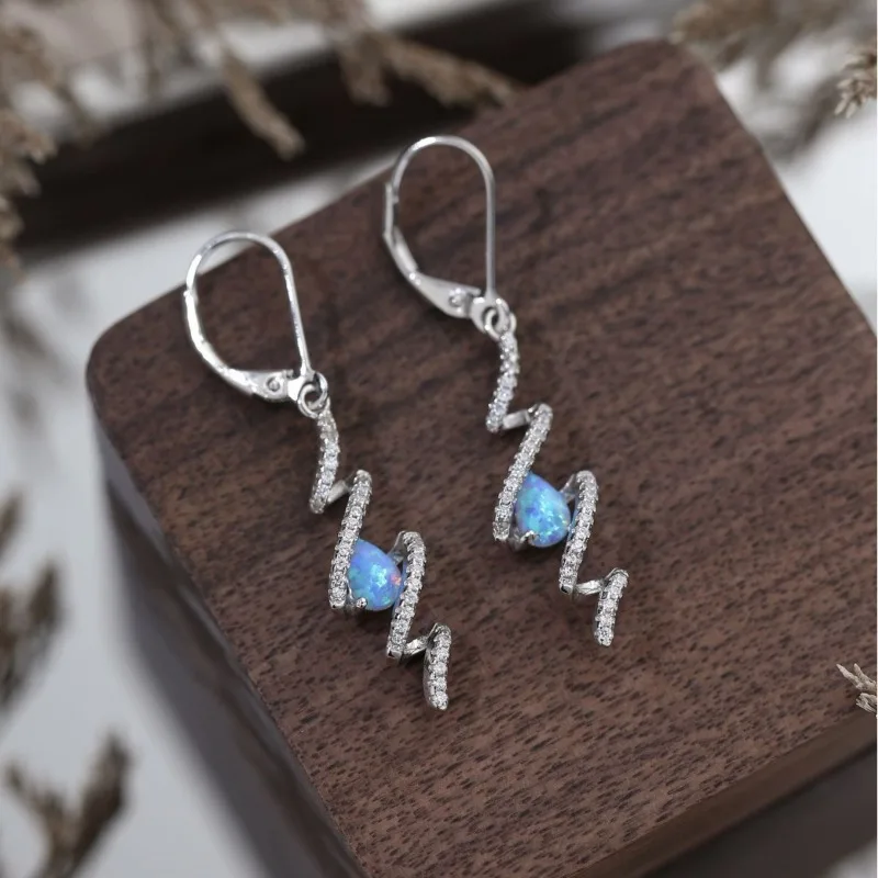 

New Wavy Earrings S925 Silver Water Drop Blue Opal Diamond-set Fashion Ear Buckle Women
