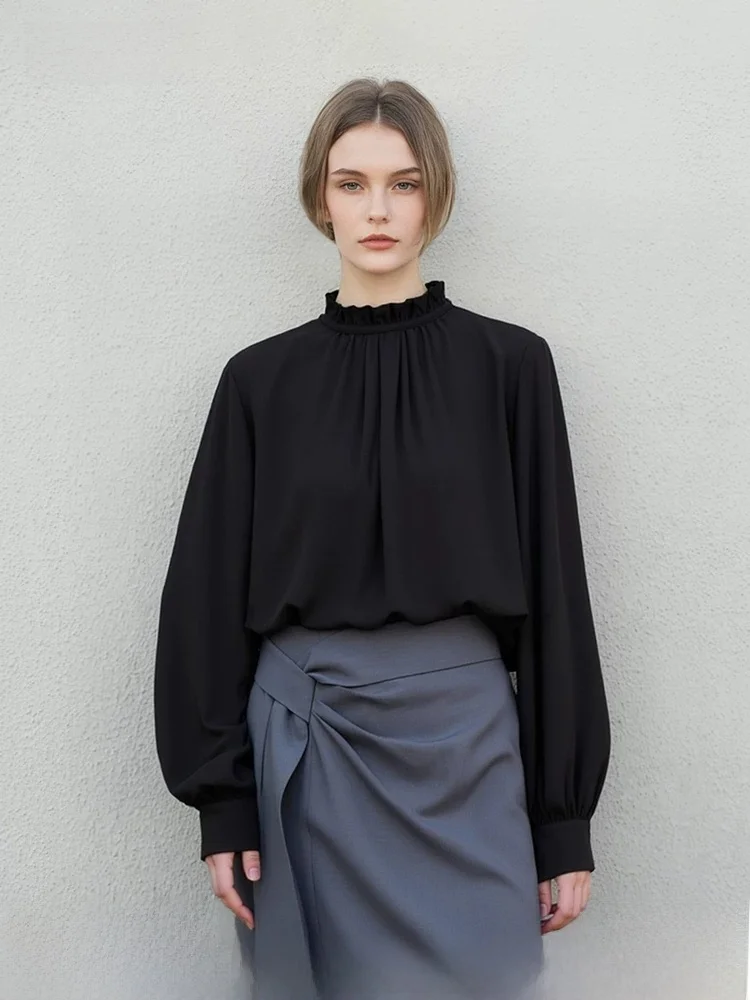 

Elegant Commuter Style Long Sleeve Chiffon Shirt Women's Lightweight Thin Pleated Wood Grain Casual Daily Wear Spring 2026