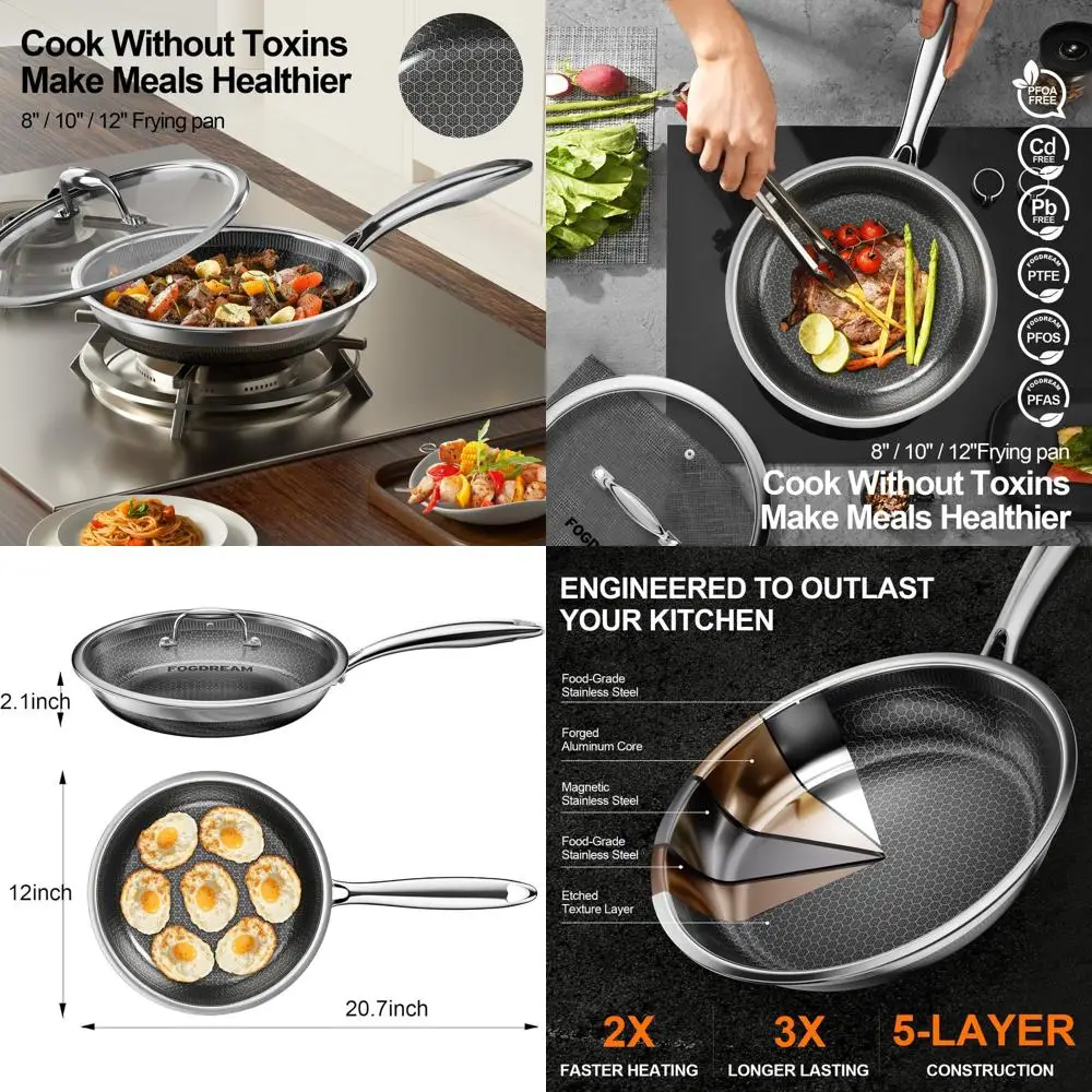 

12-Inch Non-Stick Frying Pan with Lid, Stainless Steel Tri-Ply Construction, Suitable for All Cooktops, Dishwasher and Oven-Safe