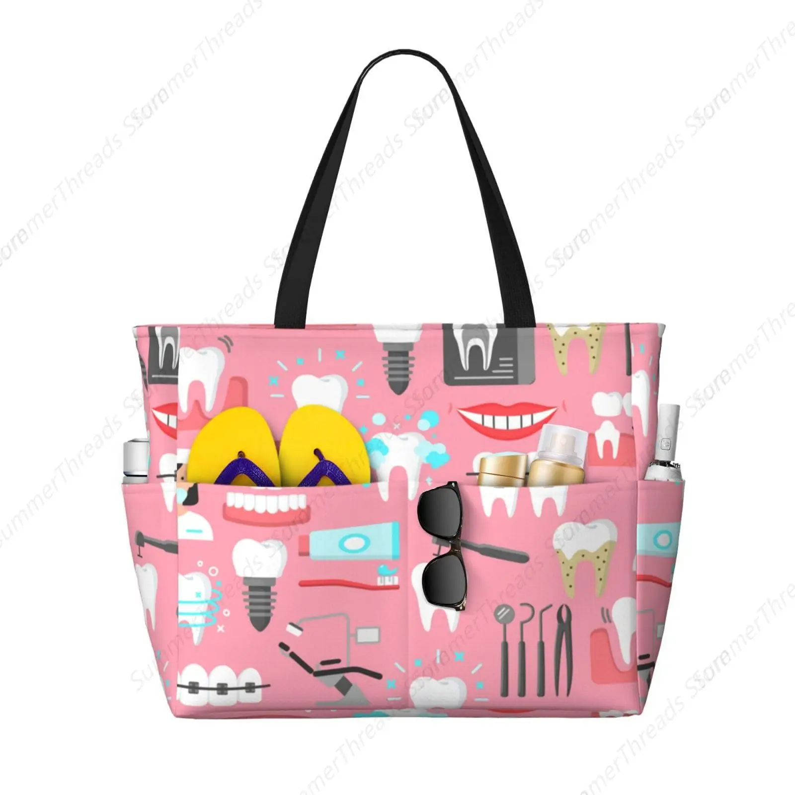 

Розовая пляжная сумка с бесшовным узором зубов, большая водонепроницаемая пескозащитная сумка для женщин с застежкой-молнией для бассейна, плавания, путешествий