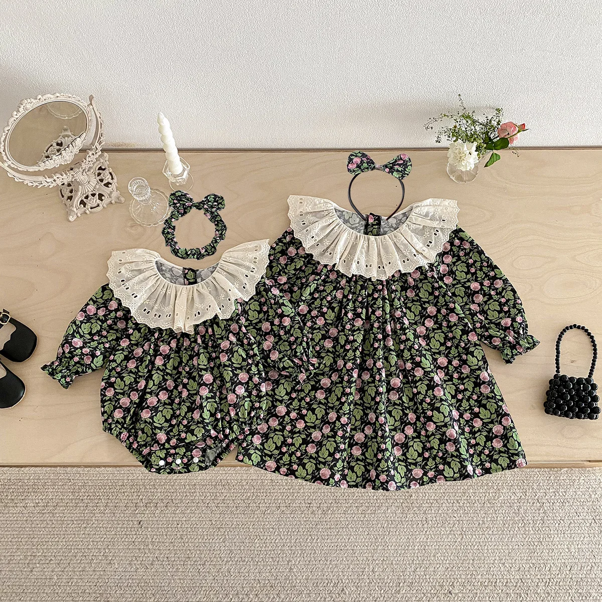 2026 Baby Girl Matching Outfits Floral Print Romper & Dress Set Korean Style Twin Sisters Outfit for Toddler Casual Daily Wear