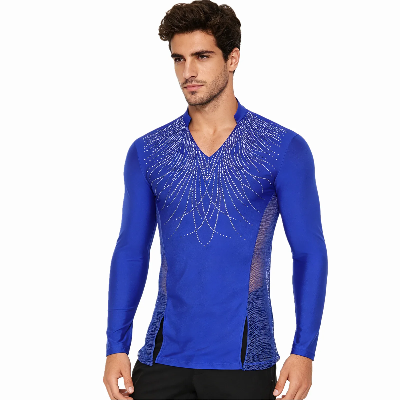 Mens Gymnastics Latin Ballet Dance Top Glittery Rhinestones Split T-shirt Top Chacha Tango Ballroom Dance Performance Costume
