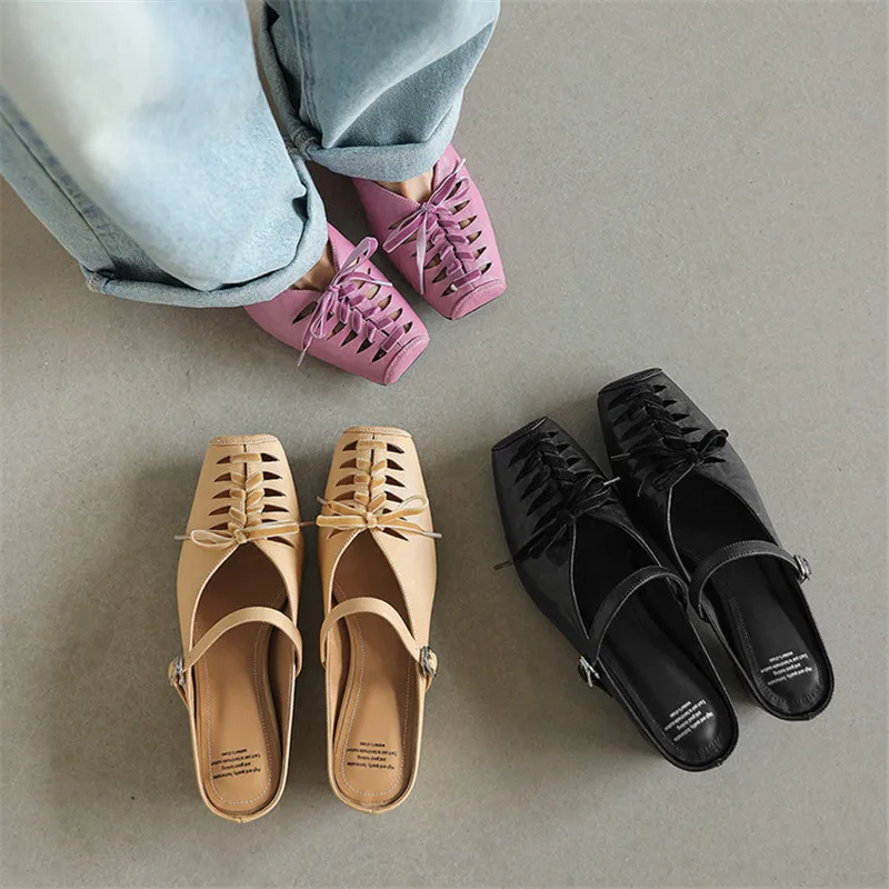 

New Summer Women Slippers Genuine Leather Square Toe Shoes for Women Fashion Hollow-out Mules Cover Toe Slippers Mid Heels