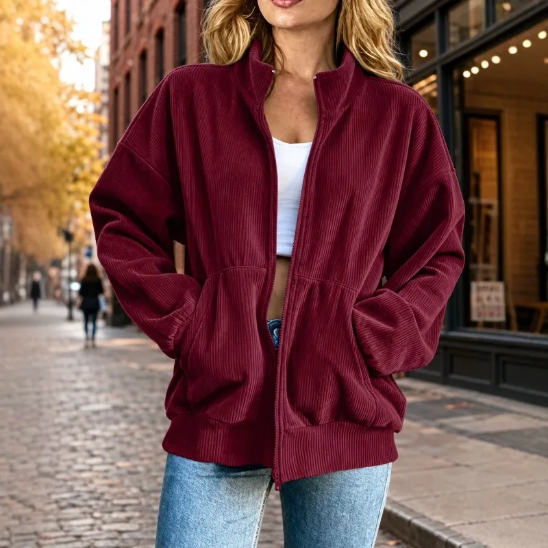 2026 Fall Winter Corduroy Zip Jacket Women Loose Long Sleeve Casual Outerwear New