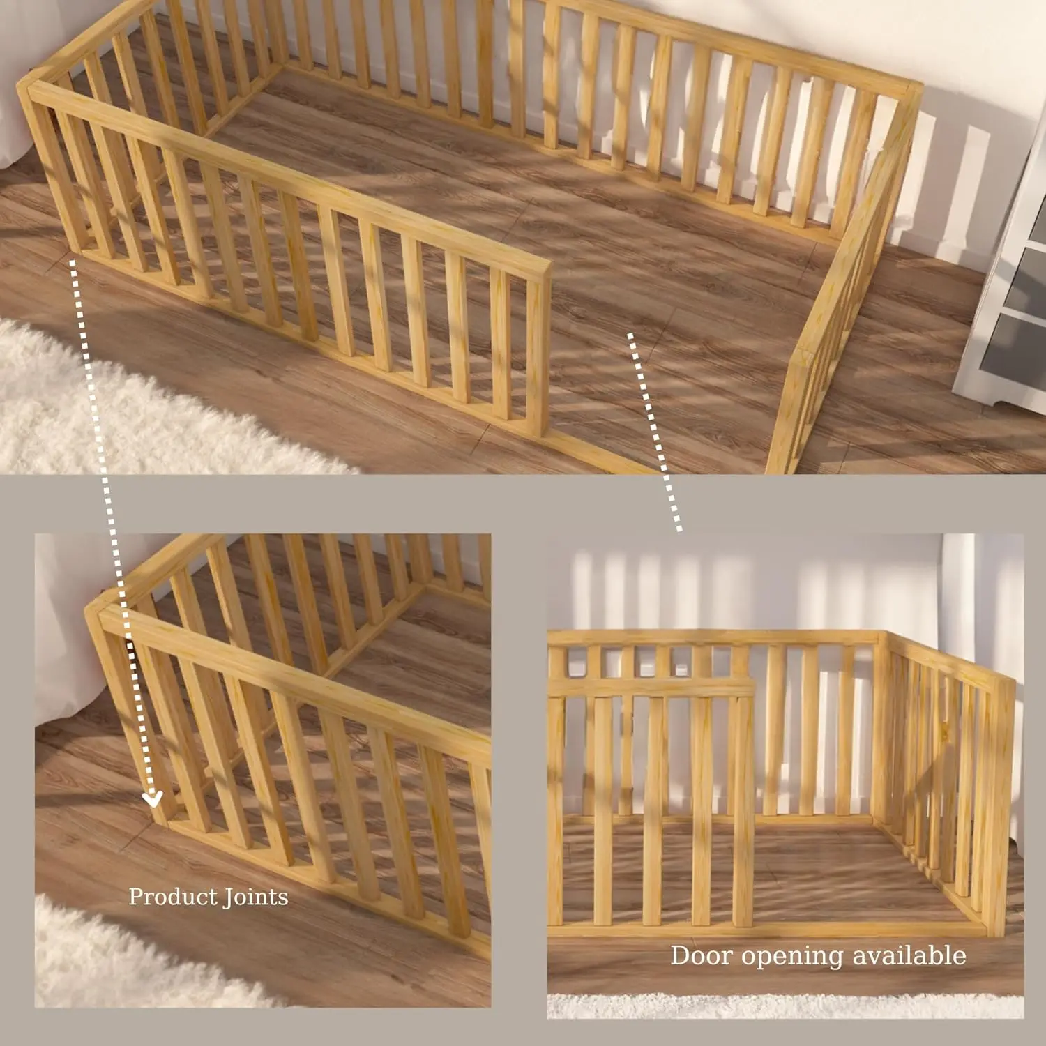 Montessori Floor For Kids | Toodlers Floor With Safety Guardrails | Pine Wood Baby  | Sturdy Wood Frame