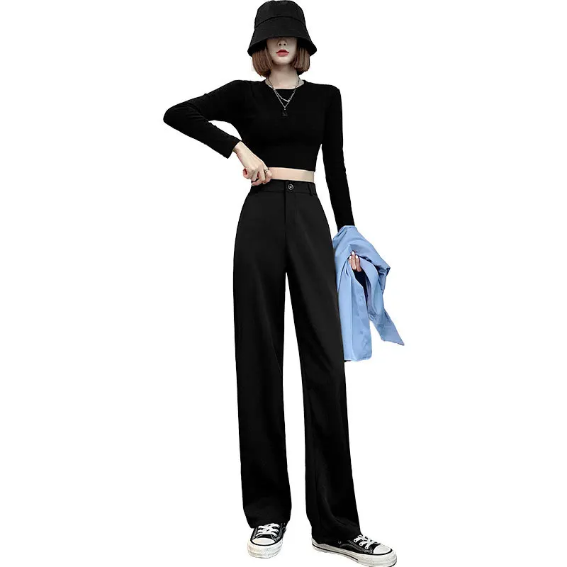 Pantalon drapé noir à jambes larges pour femmes, taille haute, droit, décontracté, printemps et automne, nouvelle collection 2022