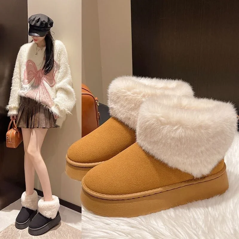 New Women's Platform Fuzzy Snow Boots Casual Thick Bottom Bread Shoes Winter Warm Fleece Lined Student Cotton Boots