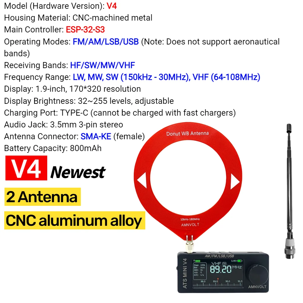 AMNVOLT V4/V3S ATS MINI SI4732 Radio ALL Band DSP Radio FM AM SSB LSB USB-ontvanger, ingebouwd Hi-Z hoofdtelefoonversterkercircuit