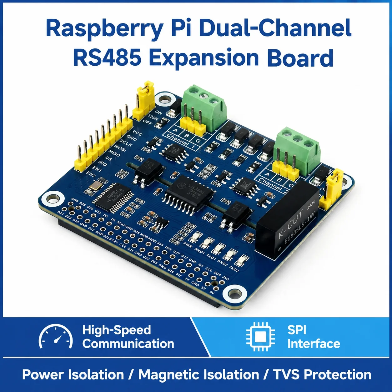 2-Channel Isolated RS485 Expansion HAT SC16IS752+SP3485 Solution with Multi Onboard Protection Circuits for Raspberry Pi 4
