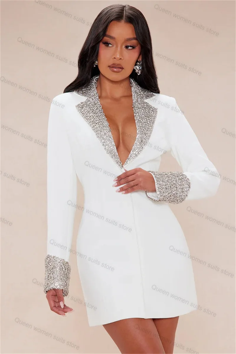 White Cotton Women Suit 1 Piece Crystals Long Blazer Prom Dress Formal Office Coat Customized Wedding Tuxedos Jacket