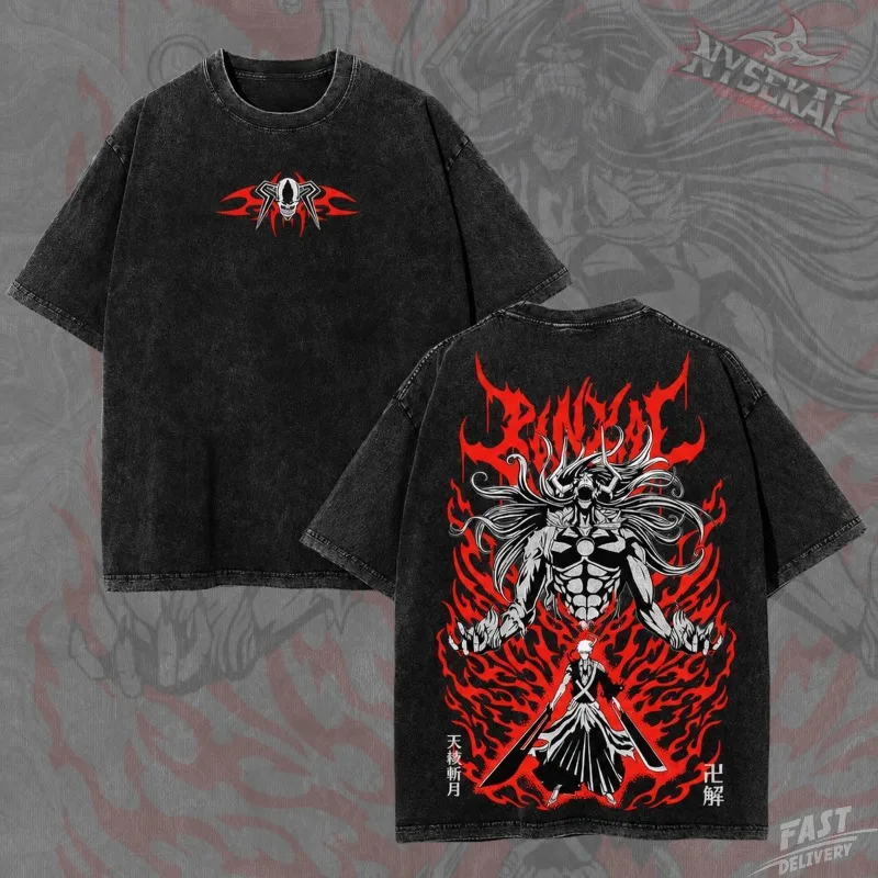 Bleach Ichigo Bankai T Shirt Unisex Vintage Washed Tee Casual Short Sleeve Streetwear Tops for Men Women Anime Fan Clothing