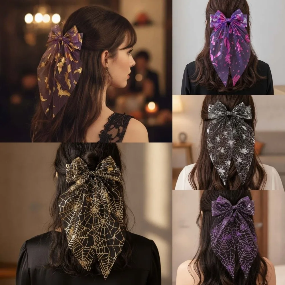Spider Web Pumpkin Witch Halloween Bow Hair Clip Bronzing Transparent Long Ribbon Bow Duckbill Clip Headpieces Silk Gauze