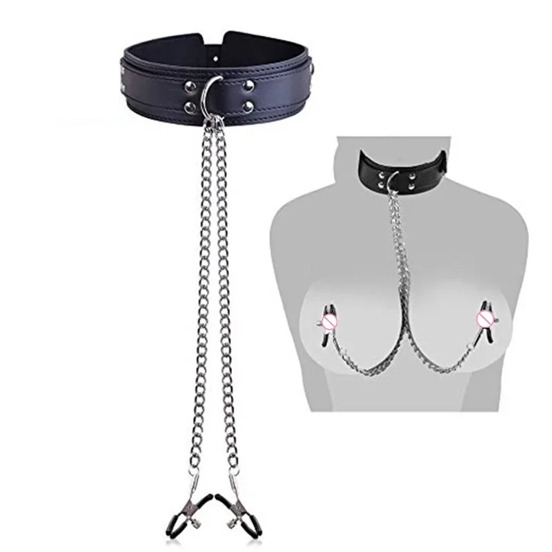 G Spot Faux Leather Choker Collar With Nipple Breast Clamp Clip Chain Couple SM Sex Toys For Women Sex Tools For Couples For sex