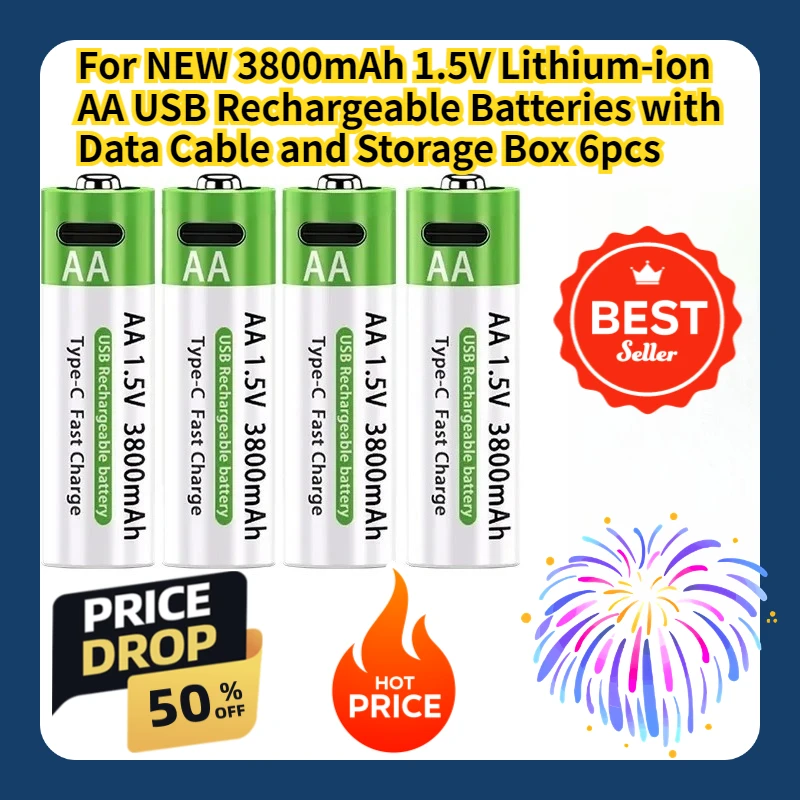 

For NEW 3800mAh 1.5V Lithium-ion AA USB Rechargeable Batteries with Data Cable and Storage Box 6pcs
