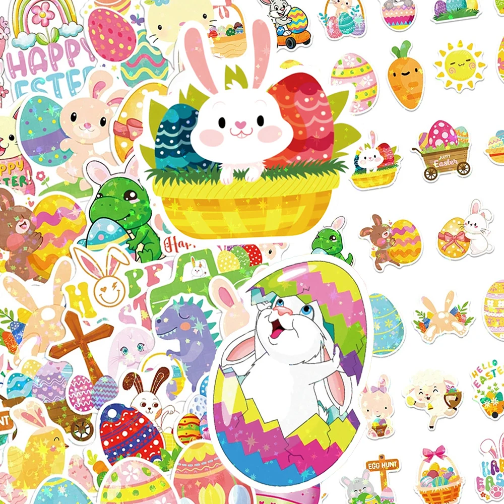 

10/30/50pcs Cartoon Easter Rabbit Egg Animals Laser Stickers Festive Decoration Sticker Laptop Phone Scrapbook Cute Decals Pack