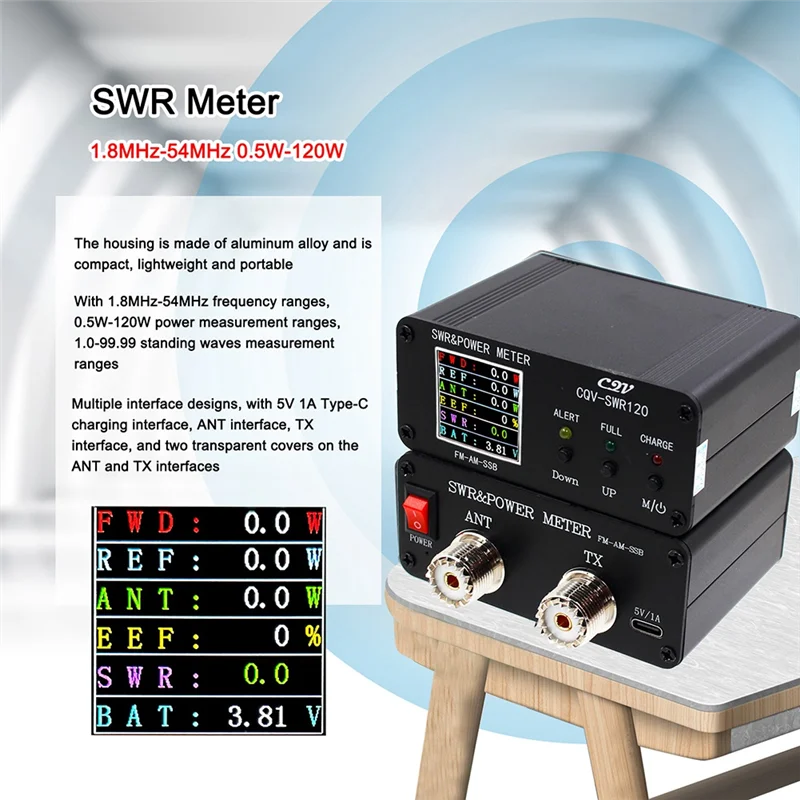 A56X CQV-SWR120 120W SWR & Power Standing Wave Meter High Standing Wave Alarm Function 240 X 240 Full Color HD FM-AM-SSB Durable