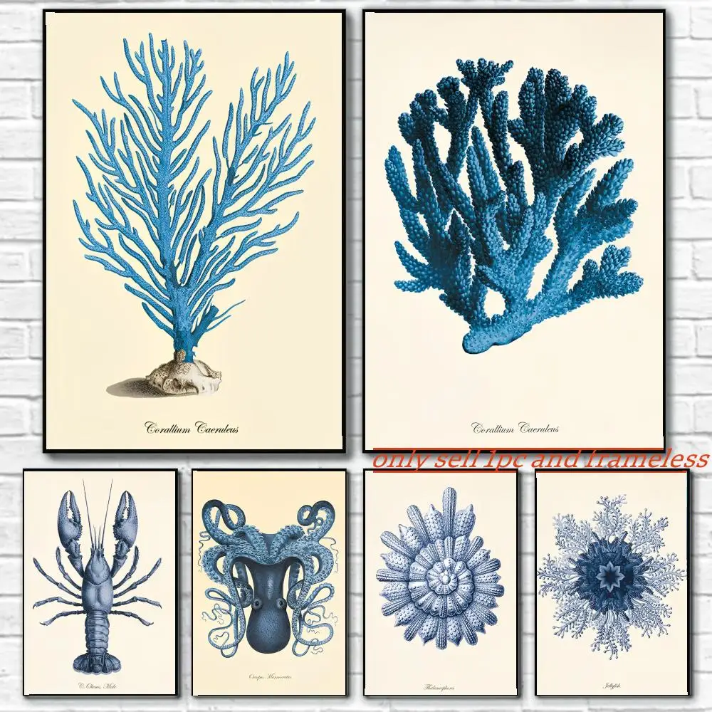 Blue Sea Creature Coral Shrimp Poster Premium PP Wall Decal - Peel & Stick, HD Print, Waterproof Home Decor