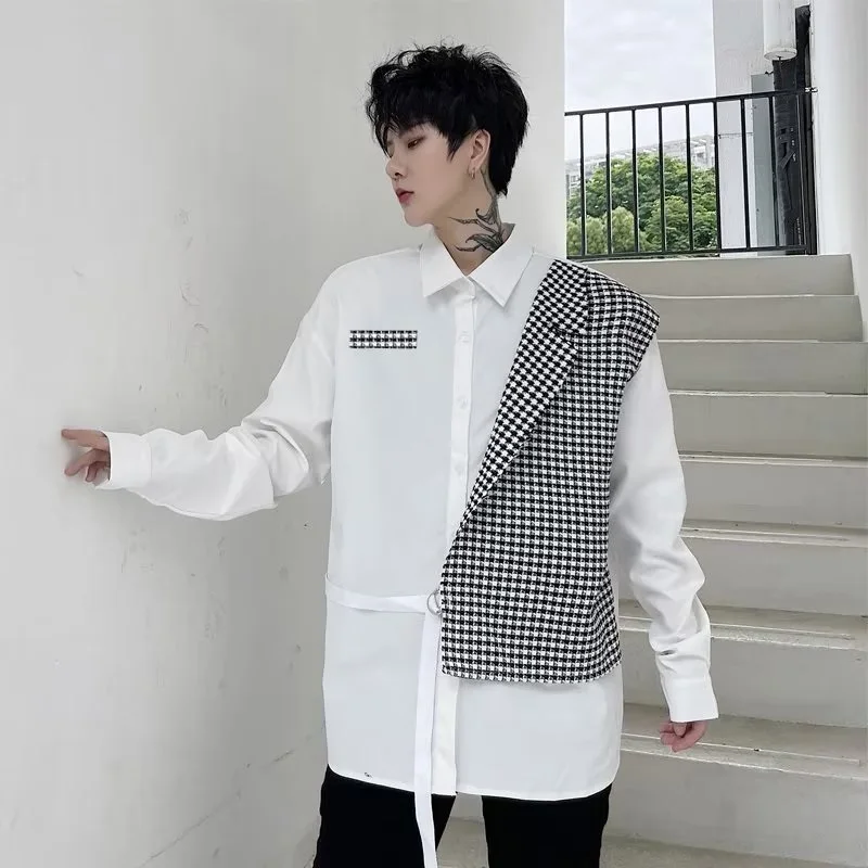 

Spring Summer Men's Cheered Long Sve irt Tailored Design Patchwork Vintage Hairst Casual Loose Fit Youth Trend