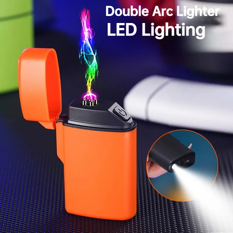 Windproof Double Arc Lighter USB Rechargeable  Plasma Lighter with LED Flash Lighting Camping Flameless Smoking Accessories