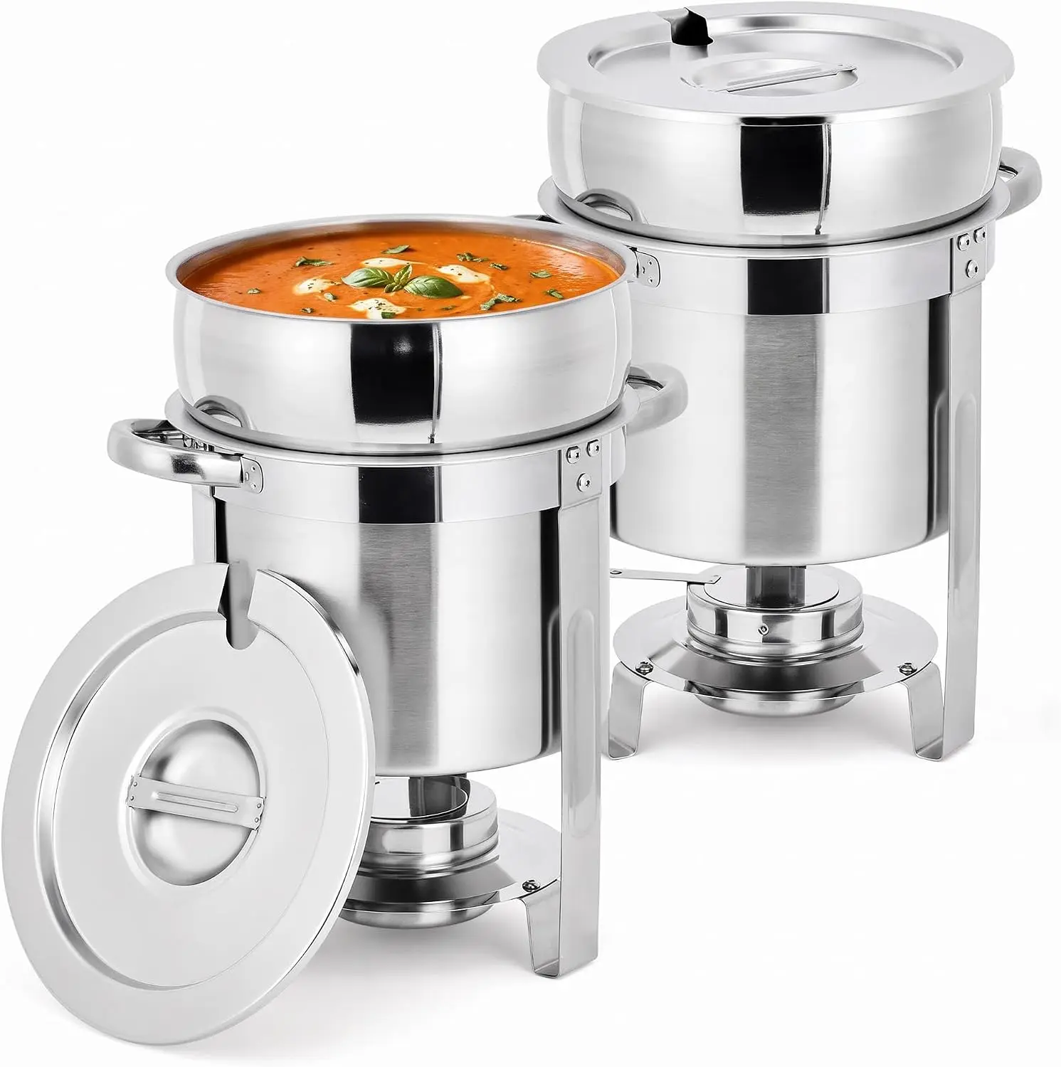 11QT Chafing Dish 2/4 Pack Stainless Steel Round Soup Chafer with Water Pan Food Pan and Fuel Holder Buffet Food Warmer for Catering, Parties and Weddings
