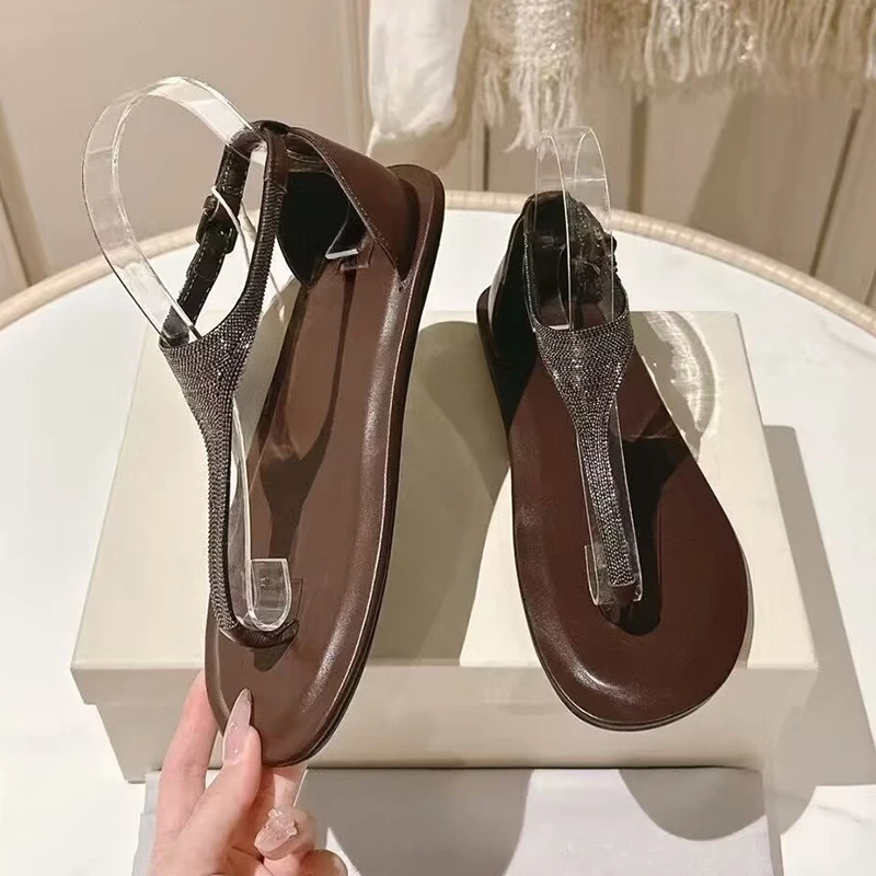 Pinch Toe Genuine Leather Solid Color Sandalias Women's String Bead Decor Flat Bottom Sandals Summer Vacation Shoes Gladiator