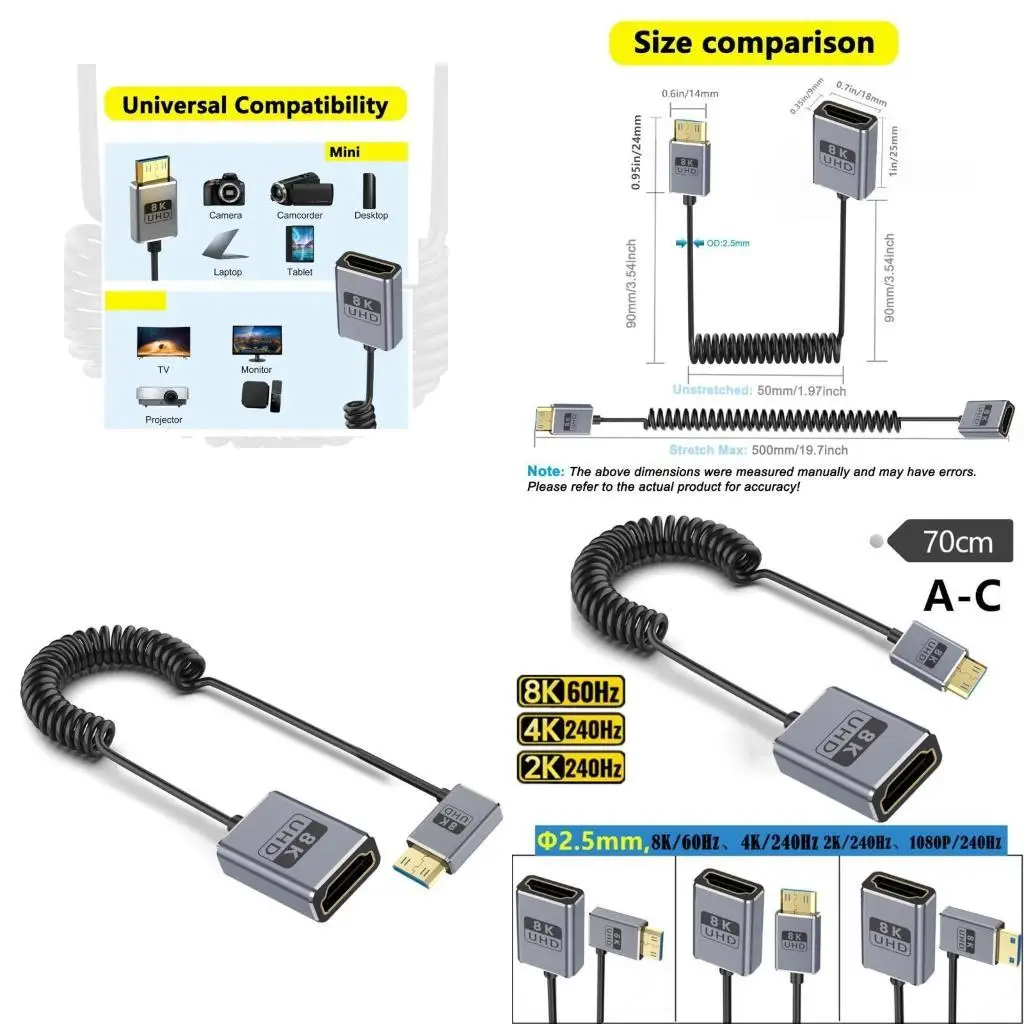 

Видео кабеля с пружиной 96GE 8K@60 Гц 4K@120 Гц 2.1 шнур HDTV Прямой/левый/правый гибкий провод адаптера