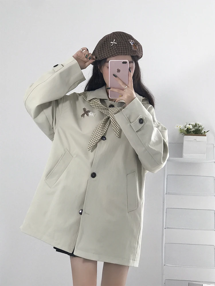 한국 스타일 대학 바람막이 재킷 여성용 가을 신상 루즈핏 롱 슬림 코트 소형 사이즈 중간 길이 싱글 버튼