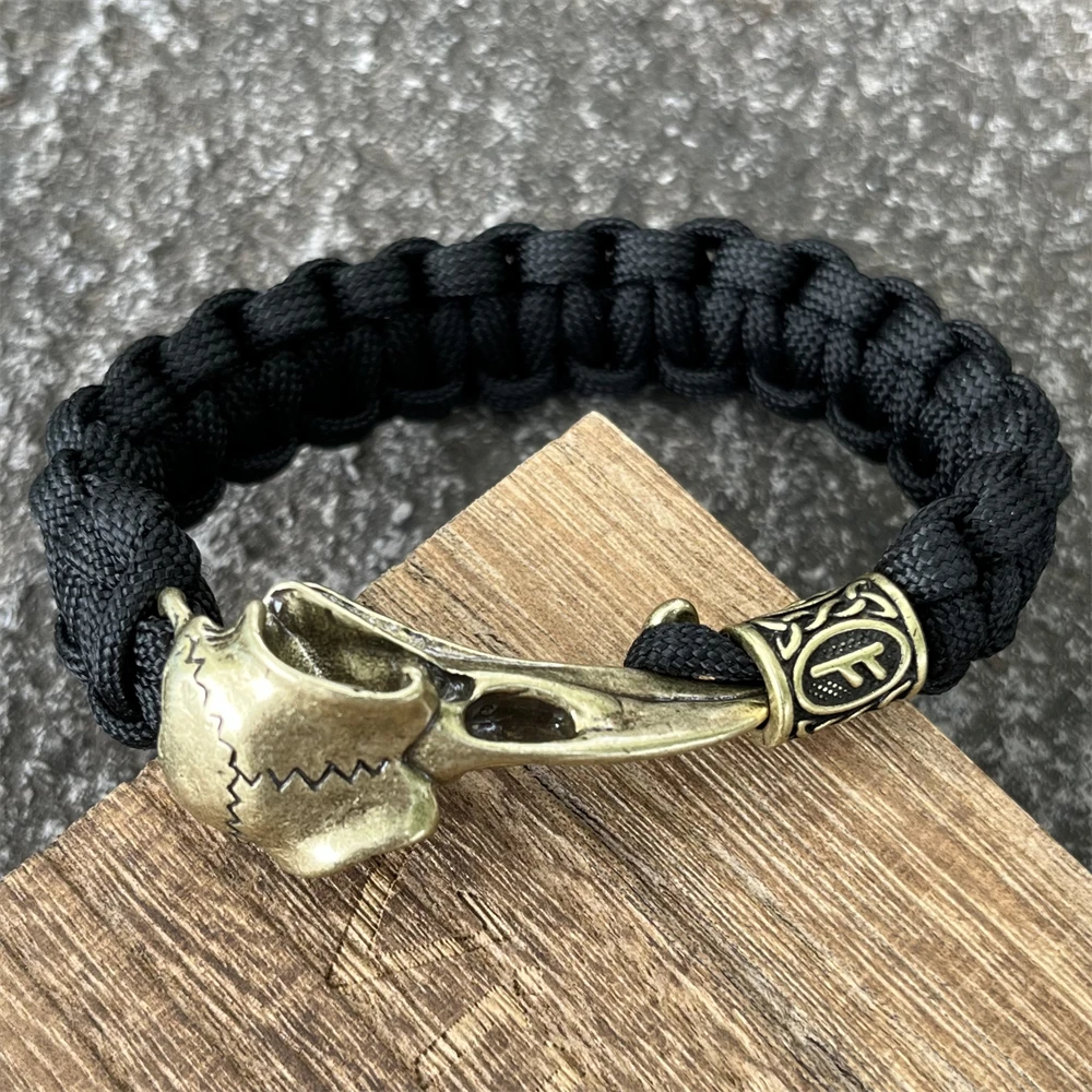 Norse Mythology Gothic Raven Skull Viking Runes Beads Crow Skeleton Mens Bracelet Bangle Paracord Amulet Jewelry