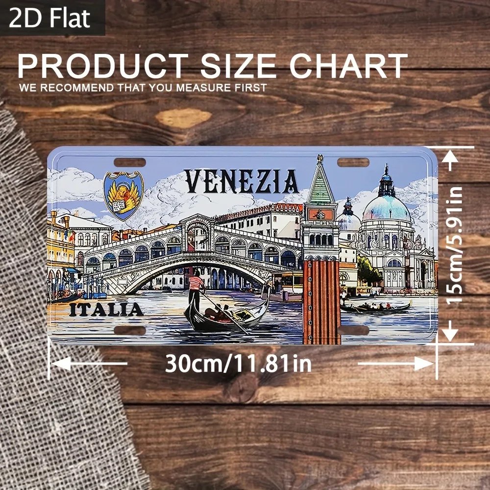 2D Flat, Italian Venice Italian Aluminum Replica - 30.48x15.24cm Aluminum Plate Wall Decoration with Gondola and Rialto Bridge D