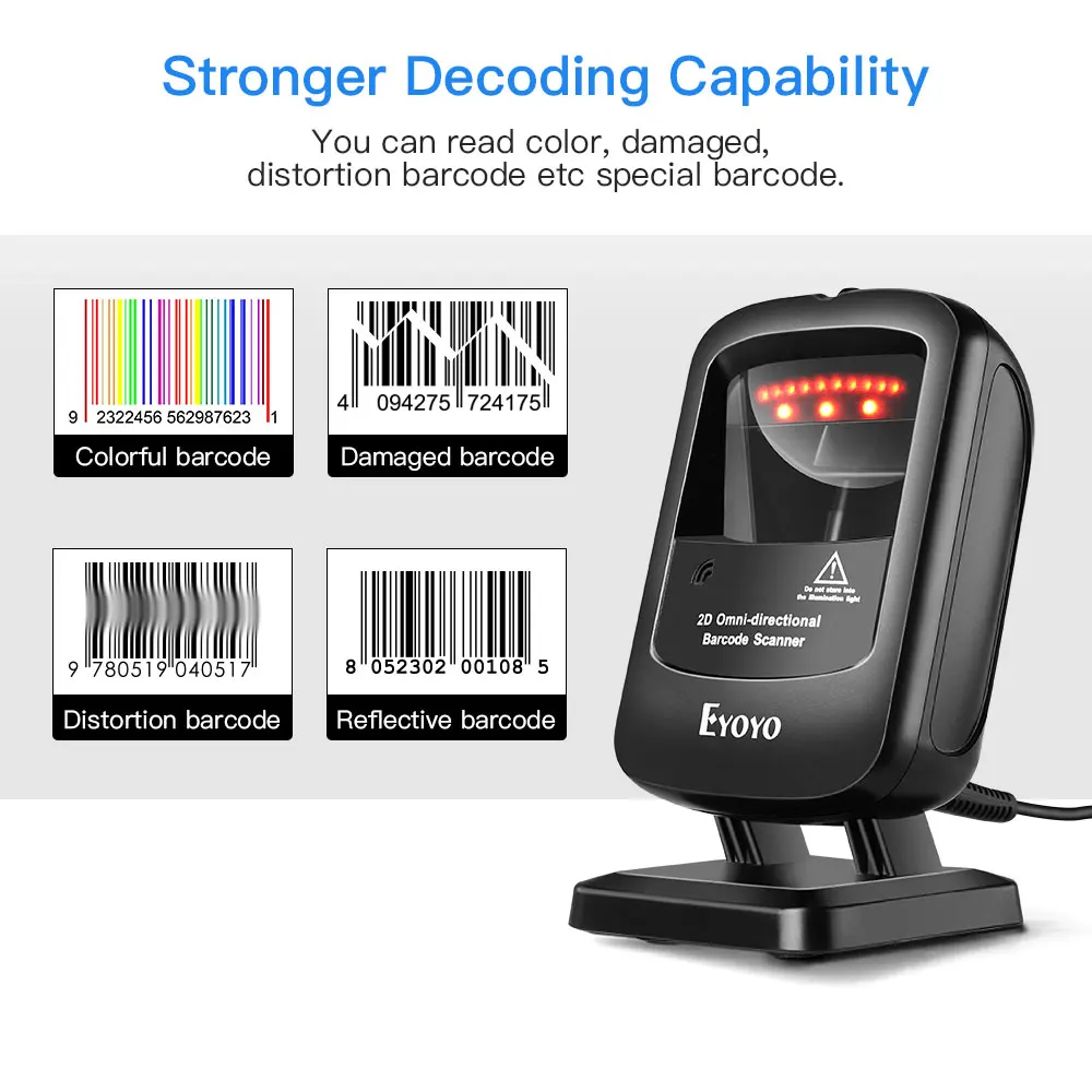 Eyoyo EY-2200 Upgraded 2D Screen Image QR Code Reader Omnidirectional USB Wired Handsfree Desktop Barcode Scanner For Store/Mall