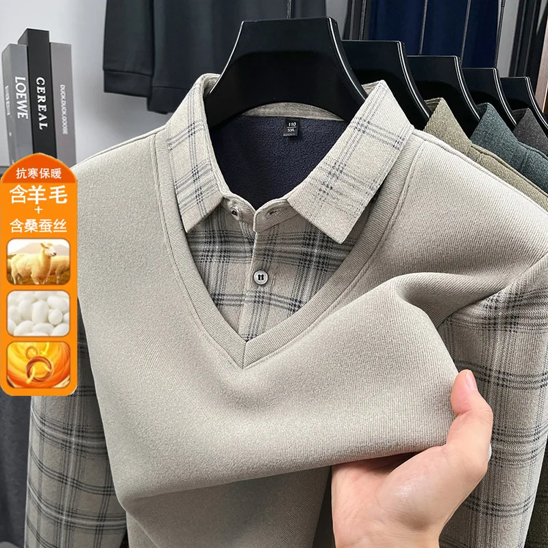 

Mens Winter Wool Silk Knit Shirt Collar Sweatshirt Fake Two Piece Thick Fleece Lined Warm Printed Pullover Thermal Top