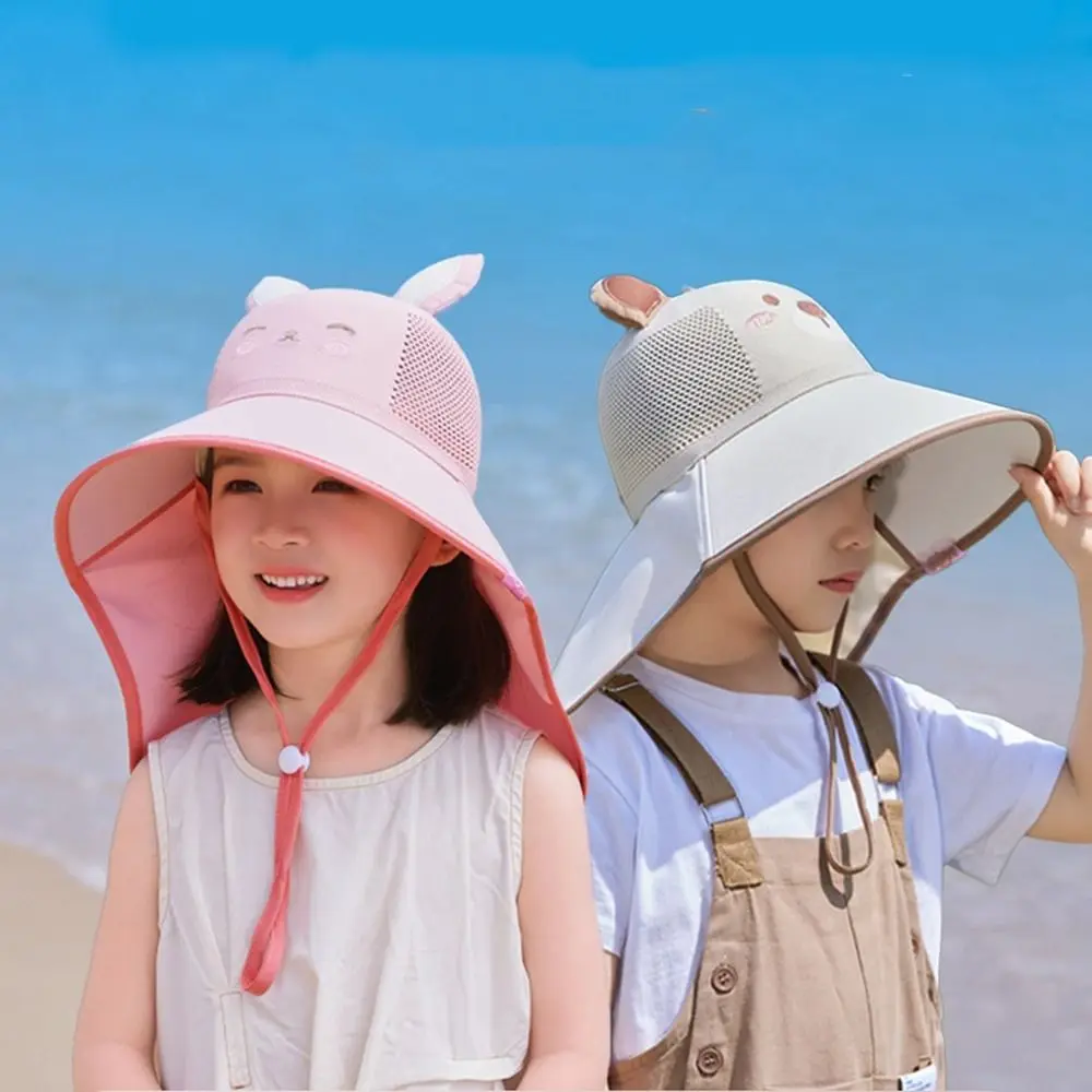 Big Brim Baby Fisherman Hat Cartoon Extended Shawl Kids Sunscreen Hat Neck Cover Bucket Cap Children Beach Cap Sun Visor