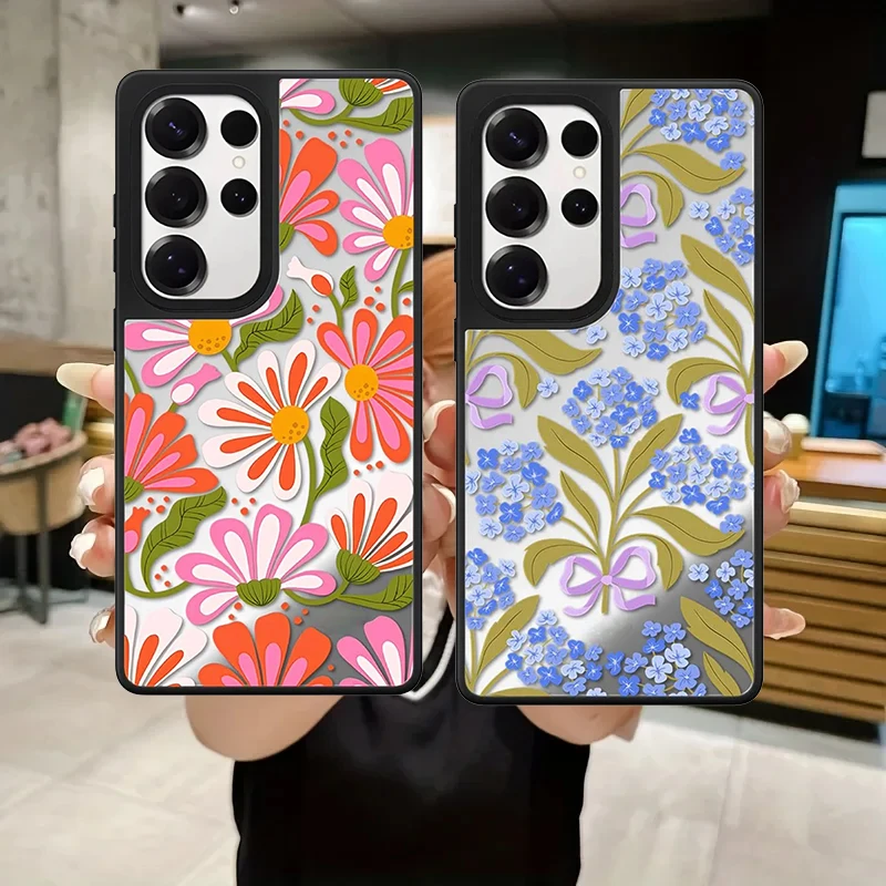 Chrysanthemum Pattern Mirror Case for Samsung Galaxy S26 S25 S24 Ultra S26U S24+ S25+ S26 Plus Protective Case