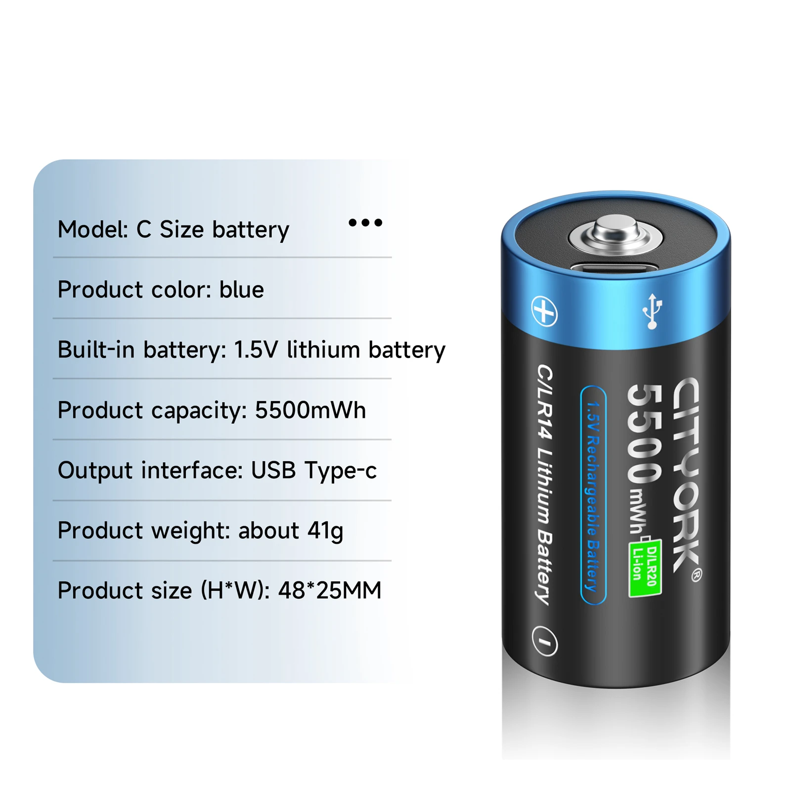 CITYORK 1.5V C Size Rechargeable Battery Type-c USB Charging LR14 R14 Li-ion Batteries  for Flashlight Gas Cooker 100% Original