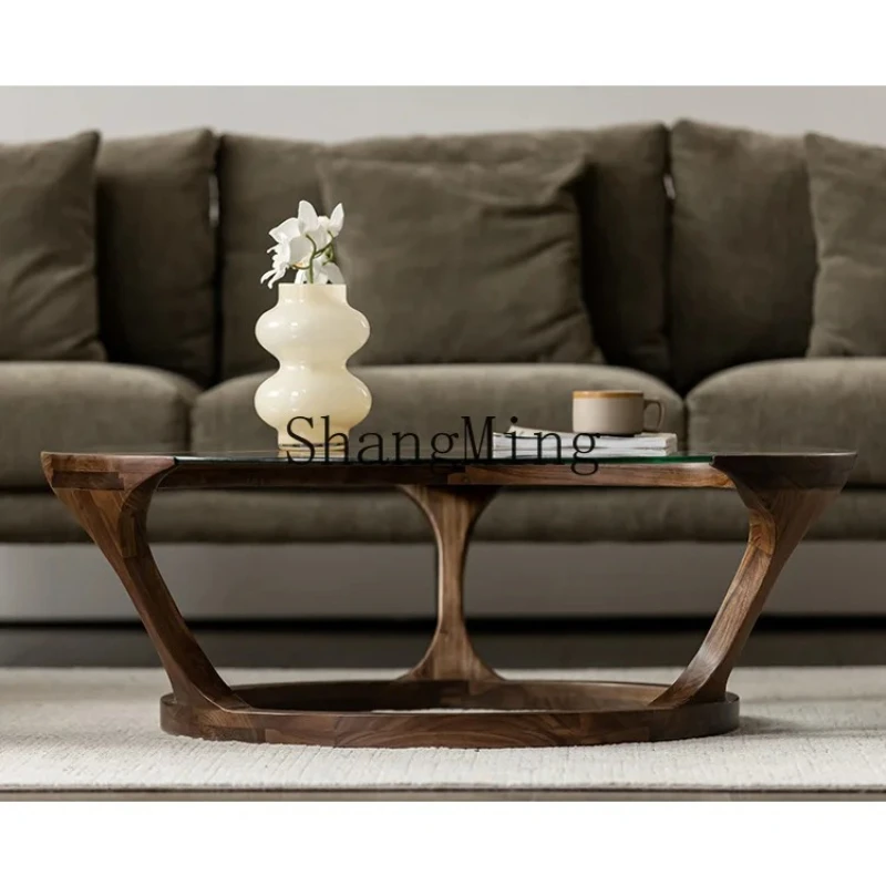 

SM household brown glass round coffee table black walnut coffee table modern simple low table
