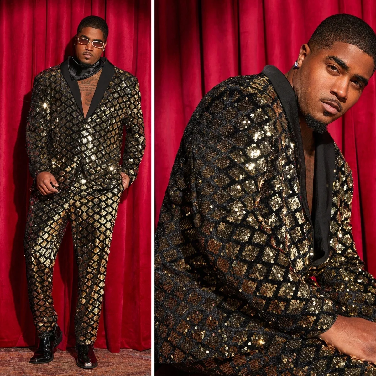 Sparkling Men's Wedding Suit Jacket Sequins Shawl Lapel 2 Pcs Blazer Pants Bridegroom Band Stage Street Performance Customized