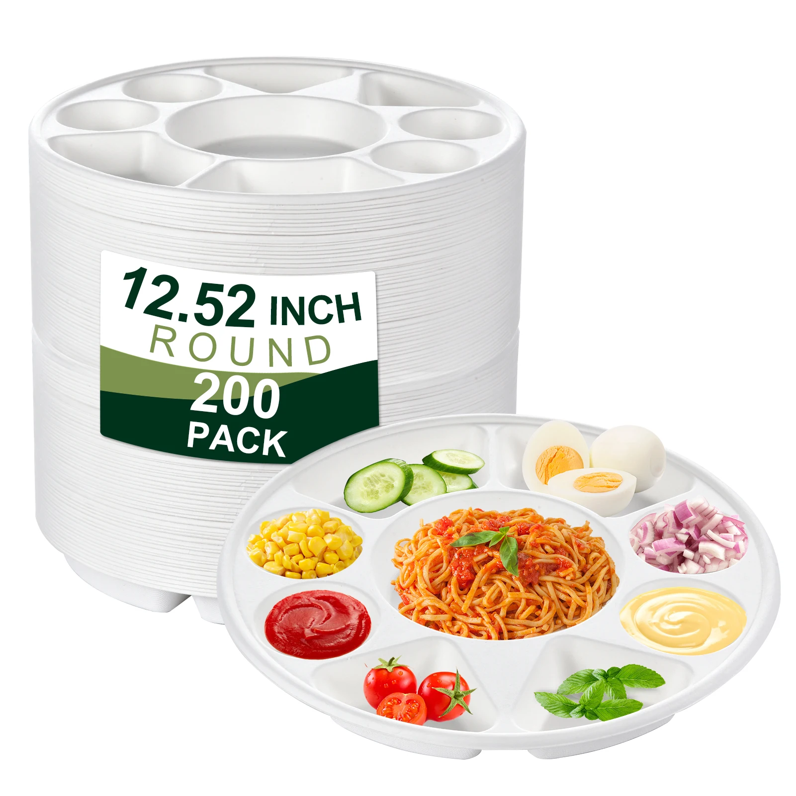 

Disposable Compostable 9-Compartment Divided Plate, Round Heavy Duty Sugarcane Serving Plate for Events, Weddings, or Parties 200PC