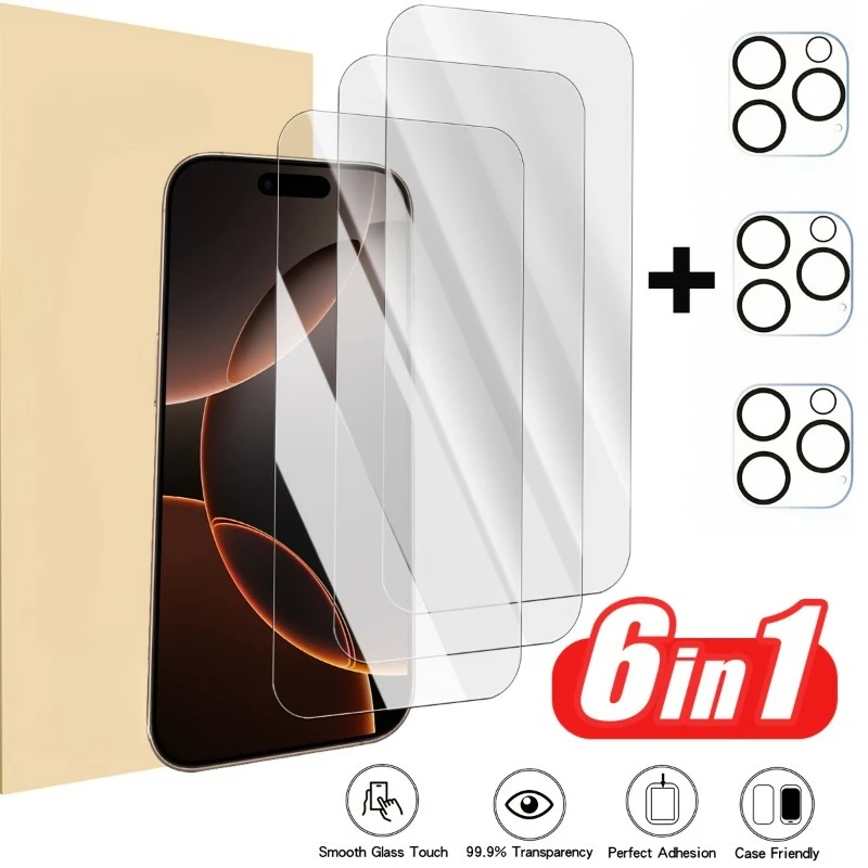 3 Stück gehärtete Displayschutzfolien mit 3 Stück Kameraobjektivschutz für iPhone 16 17 Pro Max 16e Air 15 14 Plus 13 12 11 Pro XR XS