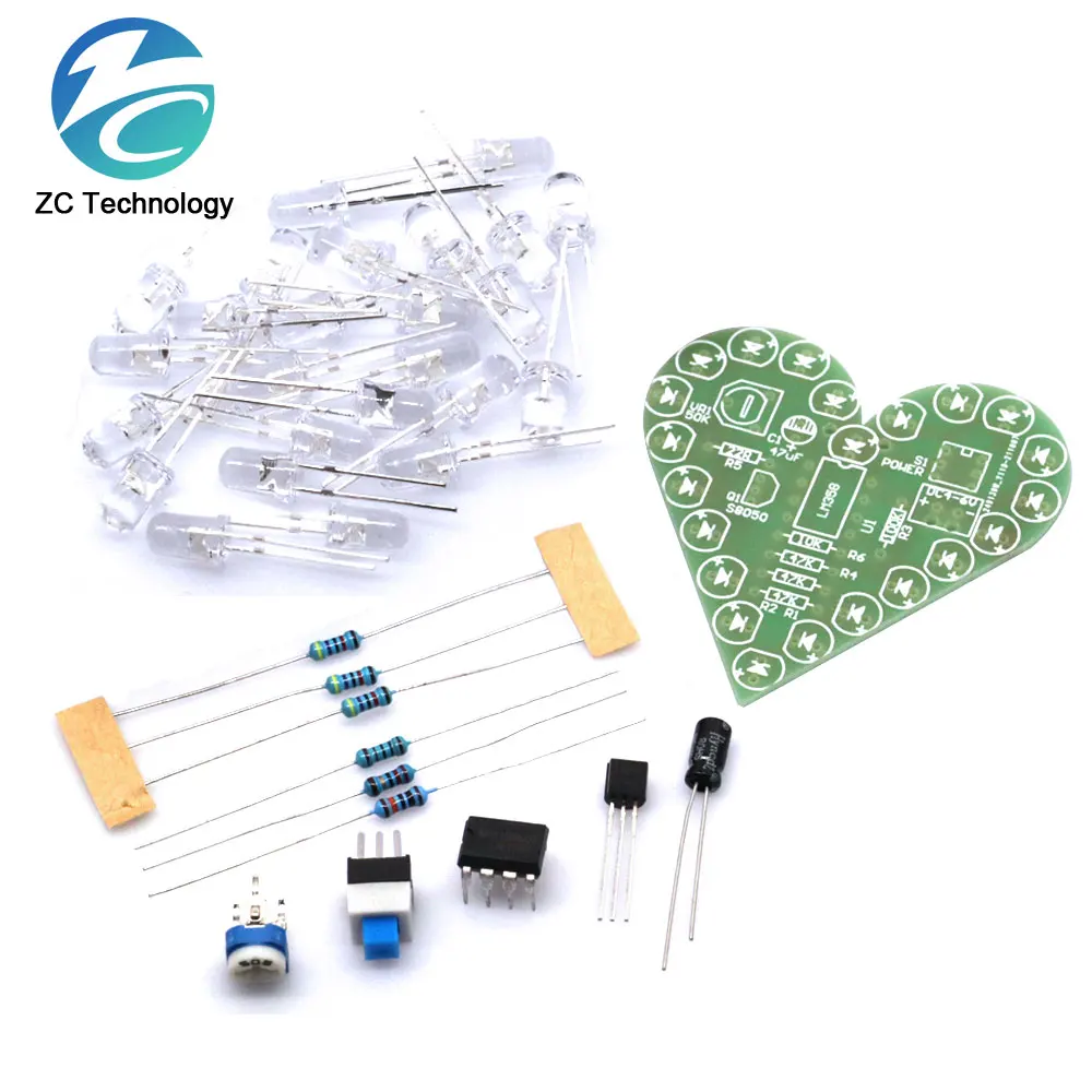 Diy kit de respiração da forma do coração da lâmpada kit dc 4v-6v respiração led suíte vermelho branco azul verde diy produção eletrônica para aprender