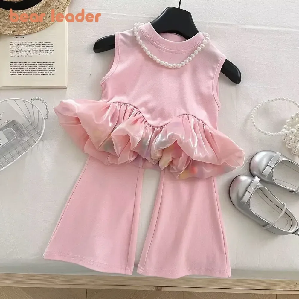 Bear Leader Summer New Pink Sweet and Cute Princess Suit Pink Baby Girl Costume Splicing Sleeveless Top+Flared Pants 2-piece Set