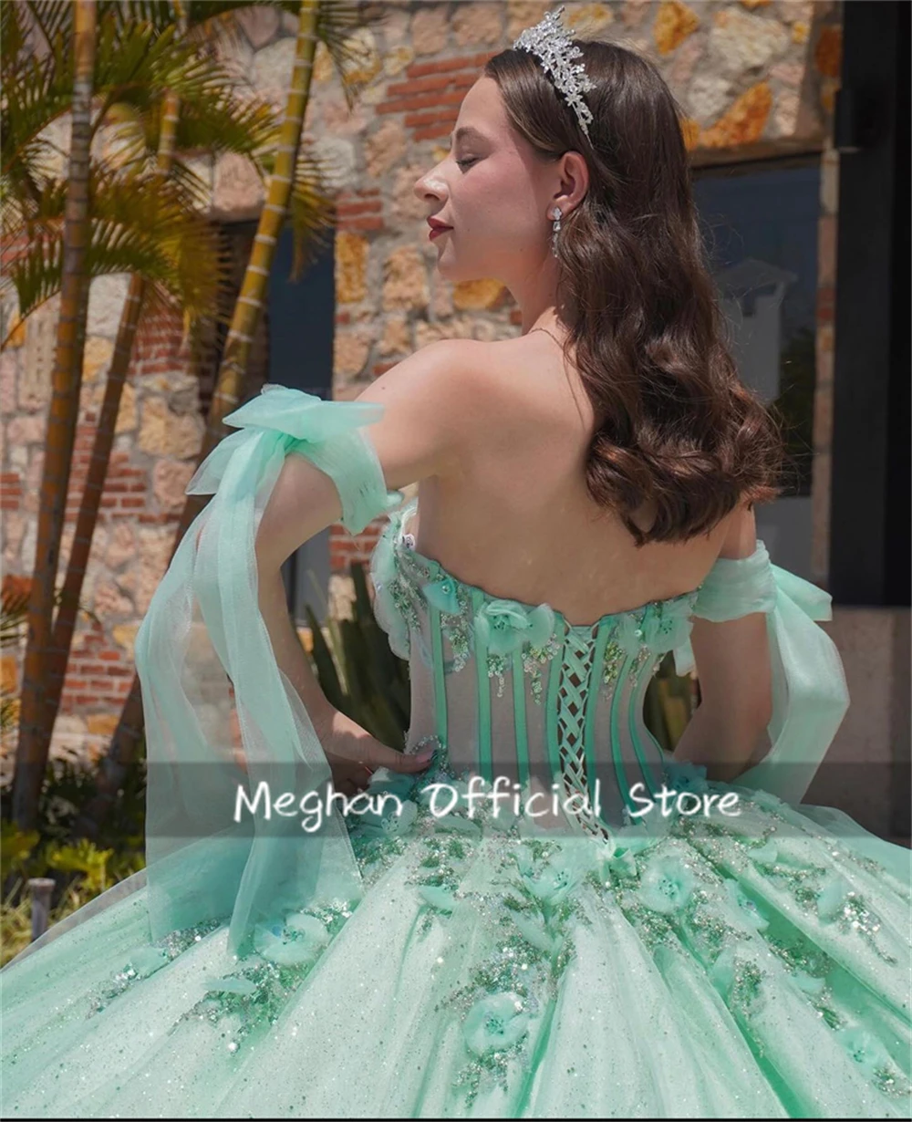 Green Off Shoulder Quinceanera Dresses Ball Gown Bead 3D Flowers 2024 Birthday Luxury Dress Appliques Princess Gown Customized