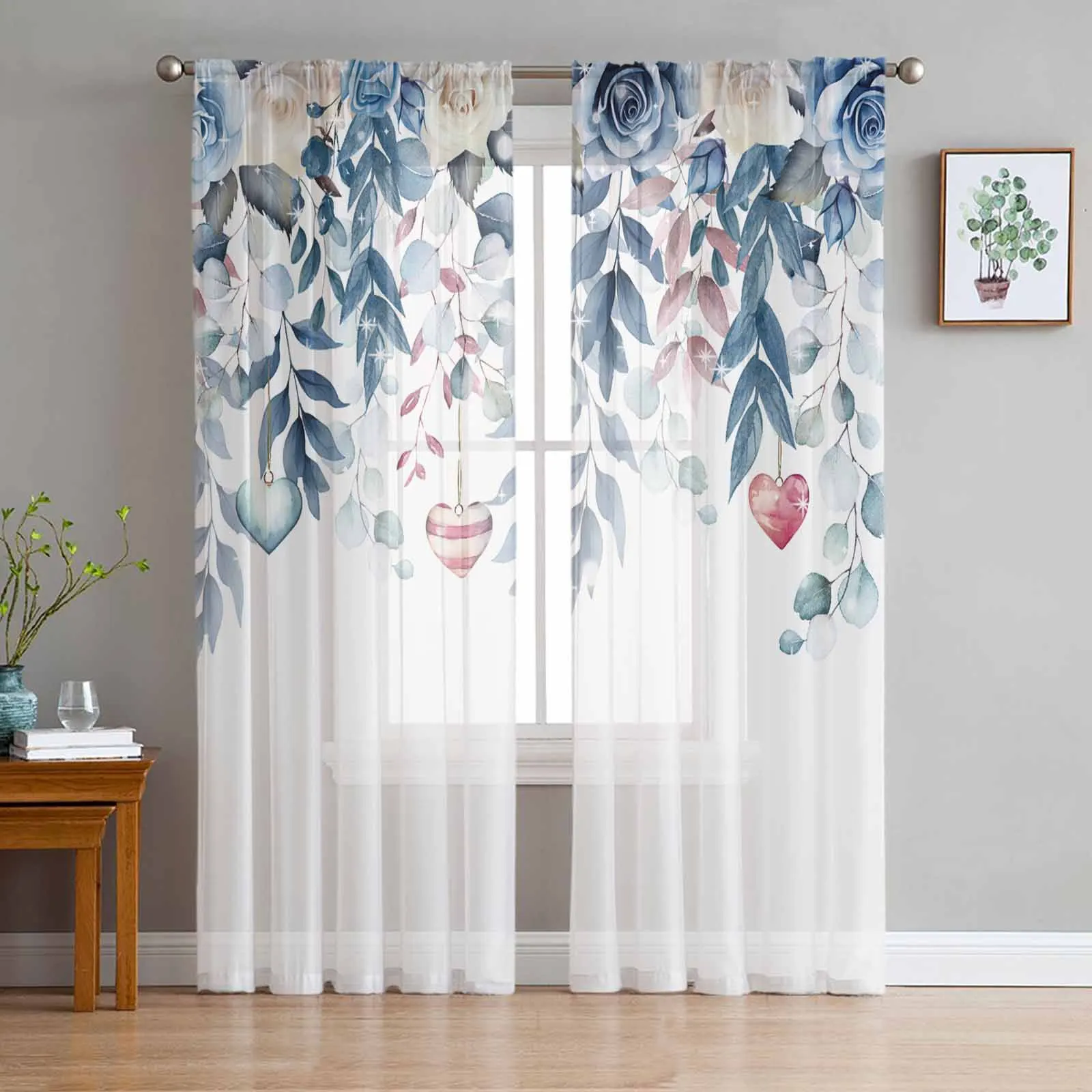 Blue Rose Flower Love Heart Tulle Curtains for Living Room Sheer Curtain for Bedroom Kitchen Blinds Voile Curtains